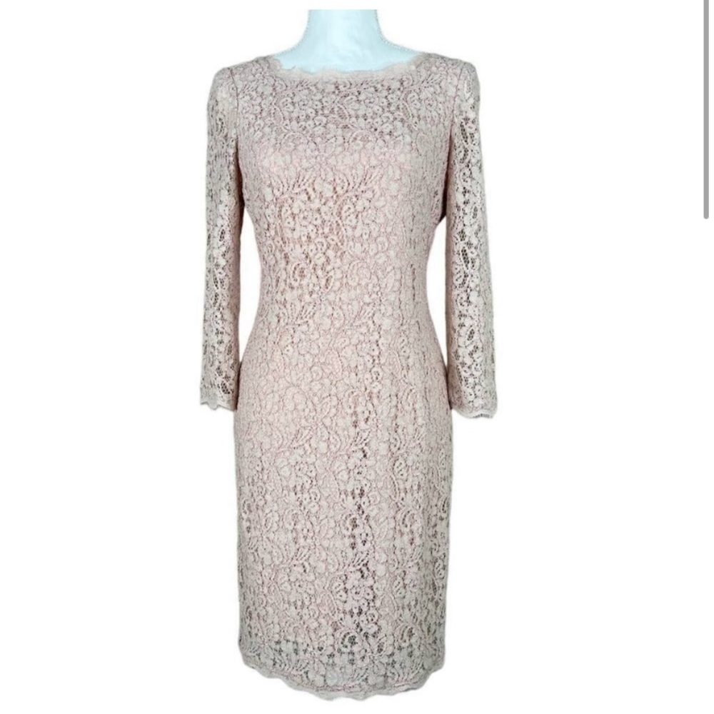 Adrianna Papell Evening Lace Dress with Exposed Back Zipper Pale Pink Size 6 - Picture 2 of 11